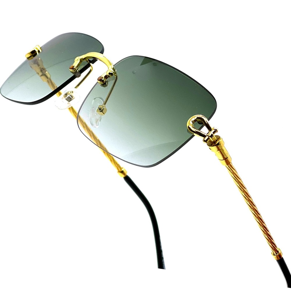 Fashion Sunglasses Green Lens Rectangle Gold Frame Shades Gold Metal Rimless New - Picture 3 of 11